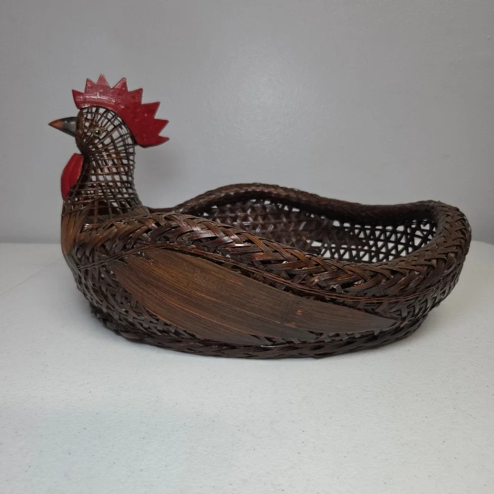 Chicken‎ Rooster Basket Wicker 14 Inch Farmhouse Decor Brown Red Cottagecore